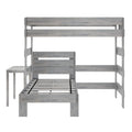 Weathered gray wooden twin-over-twin bunk bed frame with slatted mattress supports and guard rails, space-saving design for kids' bedrooms