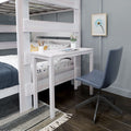 Whitewashed wooden bunk bed with built-in study desk, blue swivel chair, star-pattern bedding, pencil cup, potted plant and framed daisy wall art in a modern kids bedroom