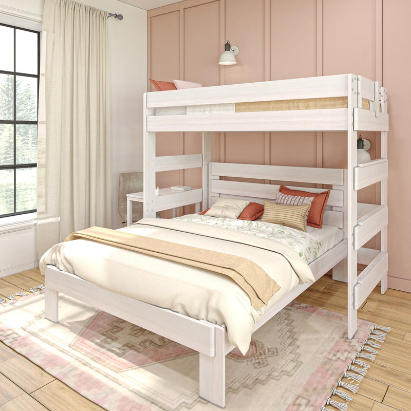 White wooden bunk bed in a modern bedroom with blush panel wall, cream curtains, layered bedding and pillows, boho rug and natural light