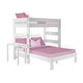 White wooden twin-over-twin bunk bed with pink bedding and pillows, modern kids' bedroom furniture