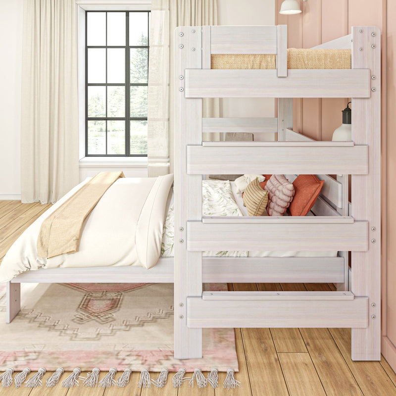 Light whitewashed wooden bunk bed with beige bedding and textured throw pillows in a sunlit neutral kids' bedroom featuring a large window and rustic woven rug