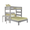Gray wooden twin-over-full bunk bed with weathered finish, green bedding and pillows, built-in ladder and guardrails, space-saving kids' bedroom furniture