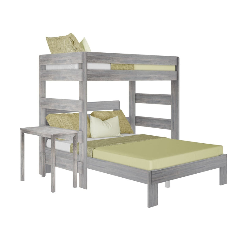 Gray wooden twin-over-full bunk bed with weathered finish, green bedding and pillows, built-in ladder and guardrails, space-saving kids' bedroom furniture
