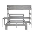 Weathered gray wooden bunk bed frame with slatted headboards, guardrails, integrated ladder and slatted mattress support for a twin-over-twin or twin-over-full setup