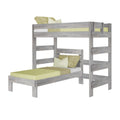Gray weathered wood twin-over-twin bunk bed with green mattress and pillows, built-in ladder and safety rails, modern rustic kids' furniture