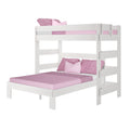 White wooden twin-over-full bunk bed with pink sheets, pillows and textured throw, modern space-saving kids' bedroom furniture