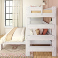 Whitewashed wooden bunk bed in a neutral modern farmhouse bedroom with beige bedding, textured pillows, wall sconce and large grid window with sheer curtains