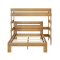 Natural oak-finish wooden bunk bed frame with slatted mattress supports, safety rails and ladder-style side supports — modern minimalist kids' bedroom furniture