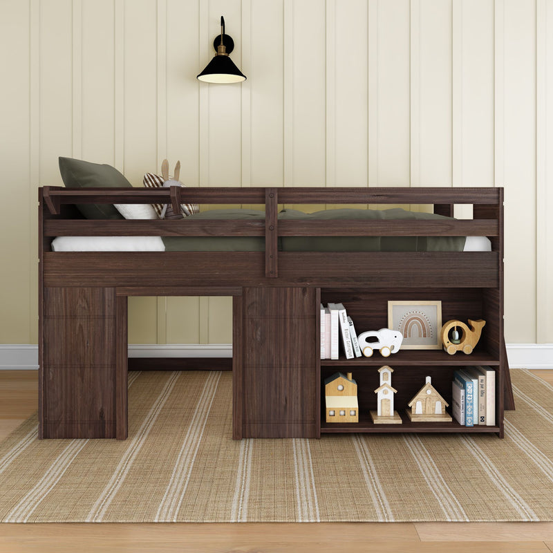 Dark walnut kids loft bed with built-in storage shelves, wooden toys, green bedding and beige paneled wall