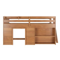 Solid natural wood loft bed frame with safety rail, integrated ladder opening and built-in shelving for kids' bedroom storage