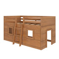 Wooden kids loft bed with ladder, top guardrail and playhouse-style lower cabin in natural wood finish