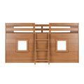 Children's wooden loft bunk bed playhouse front panel with center ladder and two square windows, natural wood finish