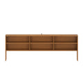 Wide mid-century modern walnut wall-mounted shelving unit with six open cubby compartments and slim legs