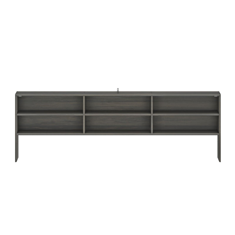 Modern gray wood headboard with six open shelves for bedroom storage, minimalist bookshelf-style design for bed organization