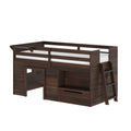 Dark walnut wooden loft bed with guard rails, angled ladder and built-in under-bed storage drawers and cubby