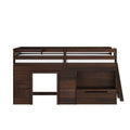 Dark walnut solid wood twin loft bed with guardrail and ladder, built-in storage cubbies and drawers, white mattress visible