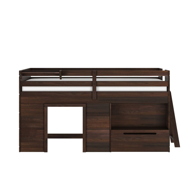 Dark walnut solid wood twin loft bed with guardrail and ladder, built-in storage cubbies and drawers, white mattress visible