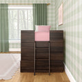 Kids loft bed with built-in storage drawers and ladder, pink bedding, green gingham wallpaper and window with green curtains in modern bedroom