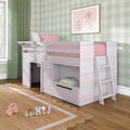 Pastel pink-and-green children's loft bed with ladder, built-in storage, gingham wallpaper and wooden toys on rug