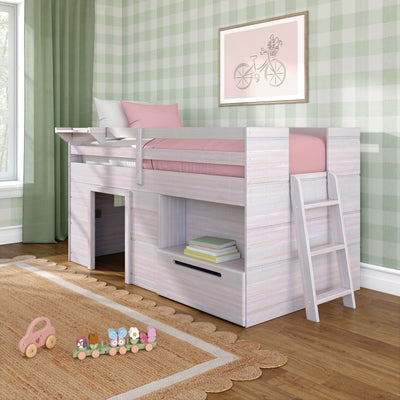 Whitewashed children's loft bed with pink bedding and ladder, built-in storage under bed, green gingham wallpaper and toys on a woven rug