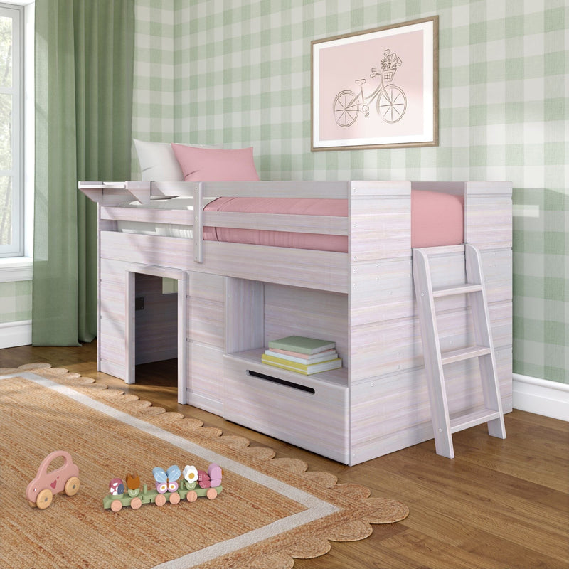 Pastel pink-and-green children's loft bed with ladder, built-in storage, gingham wallpaper and wooden toys on rug