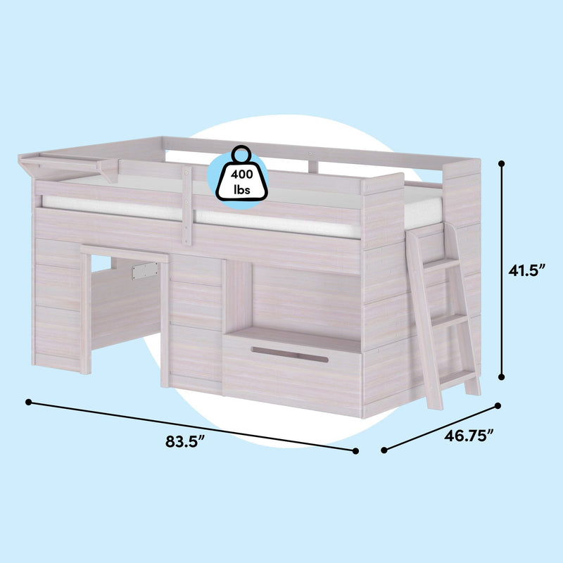 Whitewashed wooden twin loft bed with ladder, built-in storage and playhouse nook, 400 lb weight capacity, 83.5″ L x 46.75″ W x 41.5″ H