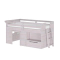 Children's light-wood loft bed with ladder, safety rails and built-in drawers for storage