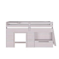 Whitewashed wooden loft bed frame with upper guardrail, side ladder, built-in cubby shelves and storage drawer, minimalist kids' bunk bed design