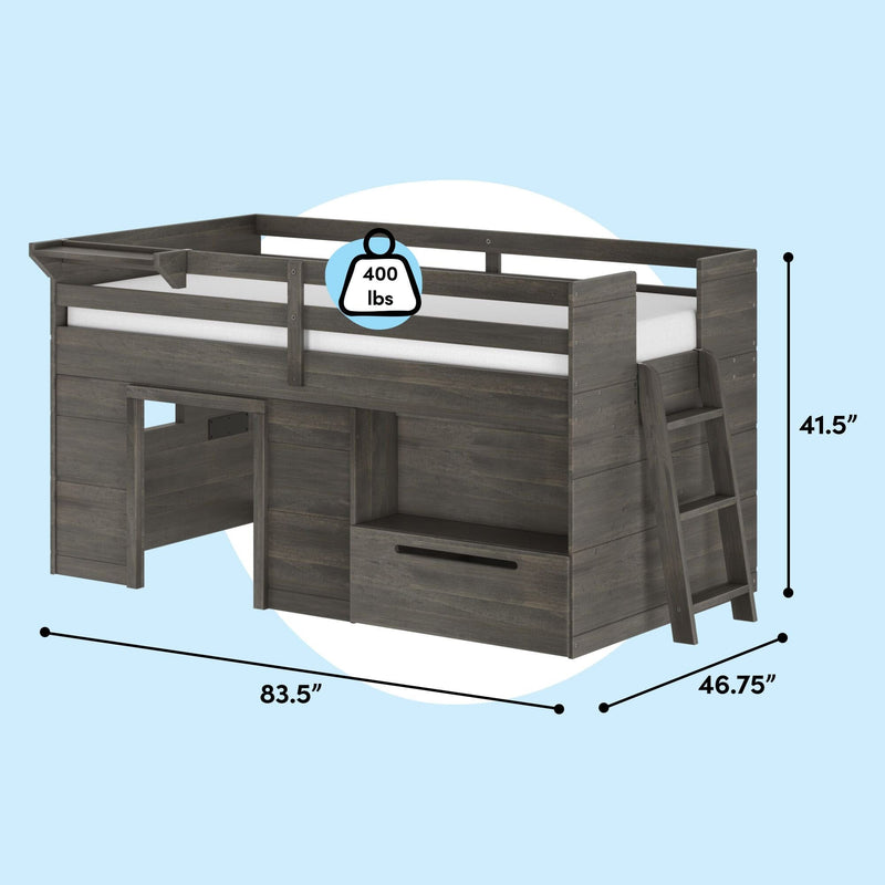 Gray wooden twin loft bed for kids with ladder and built-in storage, 400 lb weight capacity, 41.5" H x 83.5" L x 46.75" D