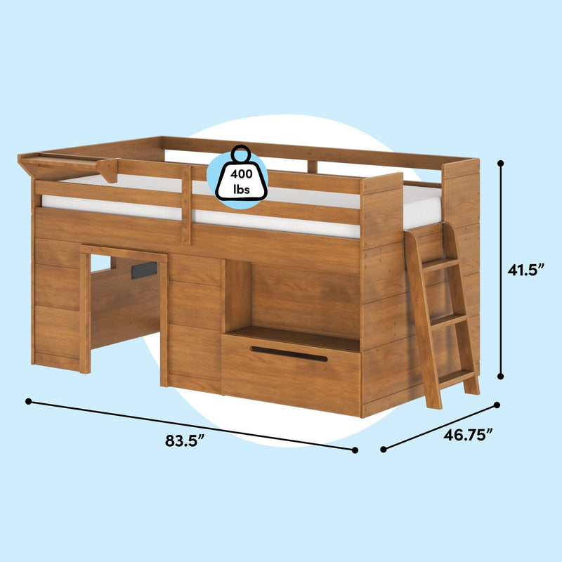 Solid wood twin loft bed with ladder and guardrails, built-in storage cubby, 400 lb weight capacity, warm honey finish, 83.5" L x 46.75" W x 41.5" H