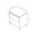 Mid-century modern bedside nightstand with one top drawer, open lower shelf and tapered legs, product dimensions W 15.75 in x D 22 in x H 23.75 in (drawer 8 in high)