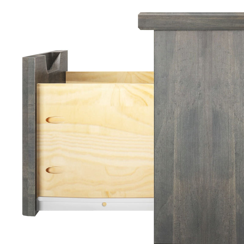 Close-up of a partially open gray wood dresser drawer showing a light plywood drawer box with pocket-hole joinery and a white undermount metal drawer slide, bedroom furniture detail