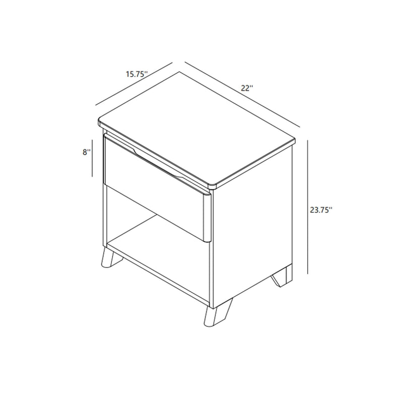 Mid-century modern nightstand bedside table with one drawer and open shelf on angled legs, line-drawing diagram showing dimensions 22 x 15.75 x 23.75 inches (W x D x H) and 8-inch drawer height