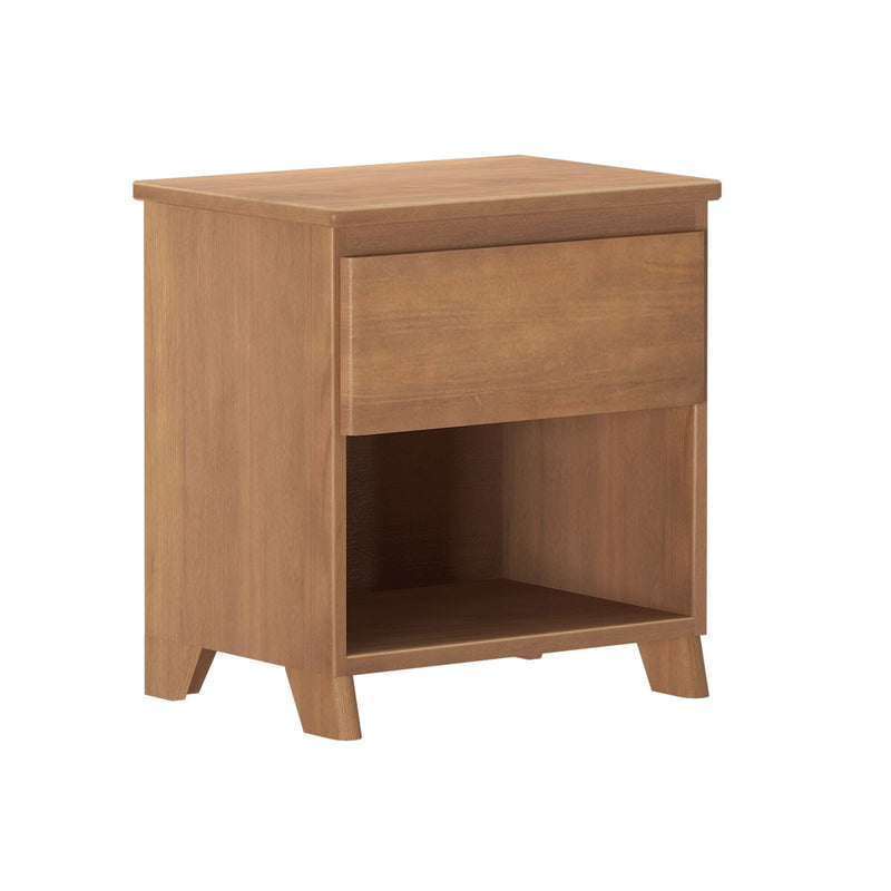 Mid-century modern natural oak bedside nightstand with single drawer and open shelf on angled legs, compact wooden side table for bedroom