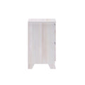 Side view of whitewashed wood nightstand bedside table with drawers, modern farmhouse bedroom storage cabinet on short legs