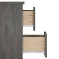 Side view of rustic gray wood dresser with two open drawers revealing light wood interiors and metal drawer slides, modern farmhouse bedroom storage chest