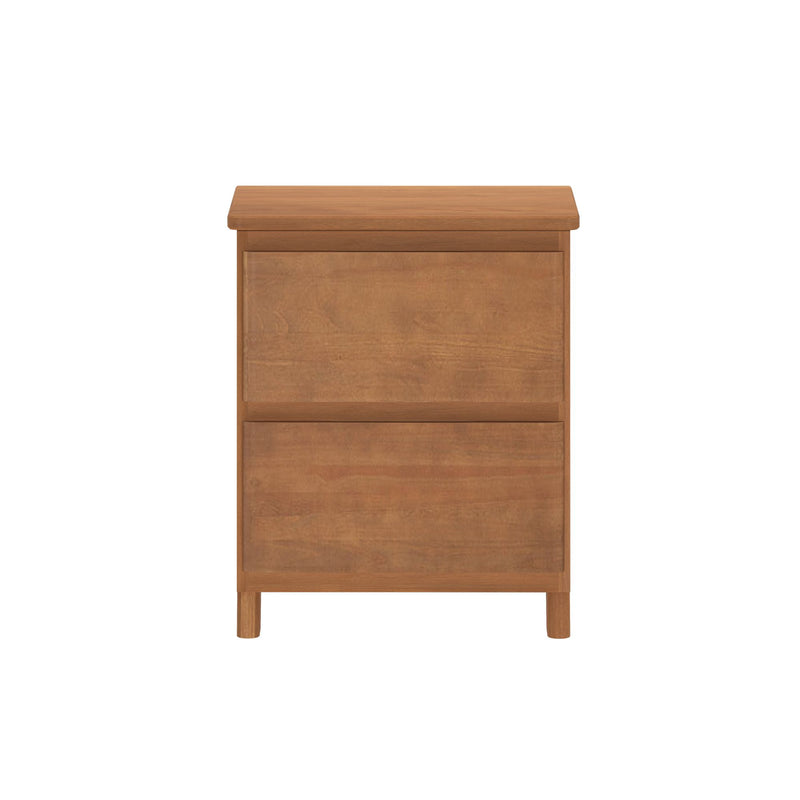 Compact two-drawer wooden nightstand in warm oak finish, modern bedside storage table with clean lines and short legs