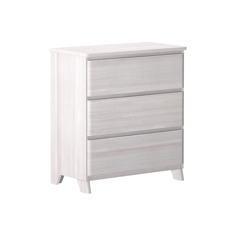 Whitewashed wooden 3-drawer dresser with tapered legs, modern bedroom storage