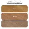 Wood flooring finish samples labeled Warm, Neutral, Cool showing how wood finish color and tone vary under different lighting conditions