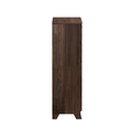 Side view of tall narrow dark walnut wood dresser chest of drawers, five-drawer space-saving bedroom storage cabinet with angled feet on white background