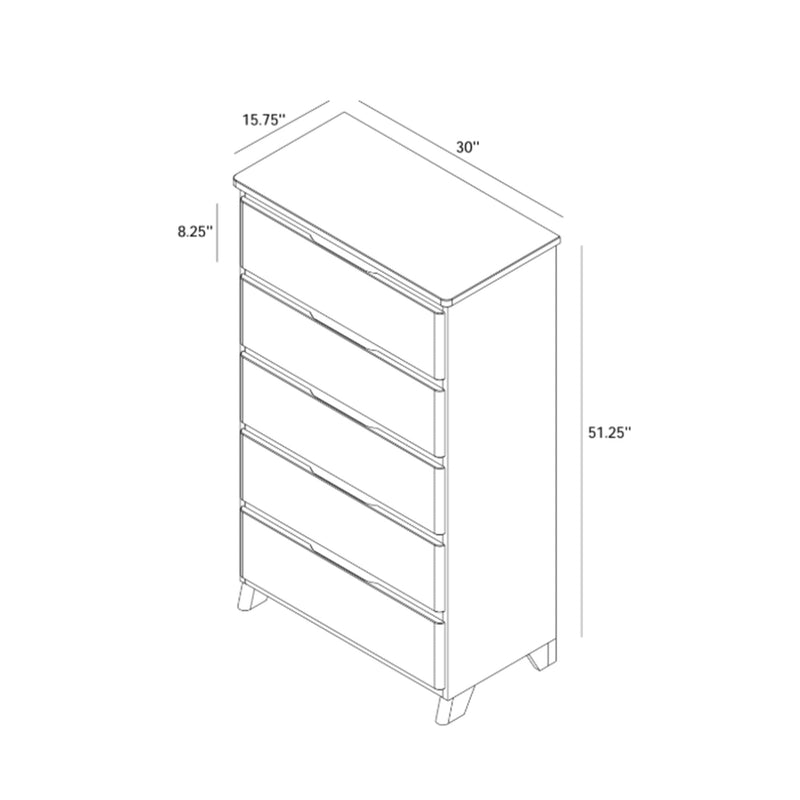 Technical line drawing and dimensions of a 6-drawer tall dresser (chest of drawers) for bedroom storage — 30 in W x 15.75 in D x 51.25 in H with six 8.25 in high drawers, product dimensions and assembly schematic