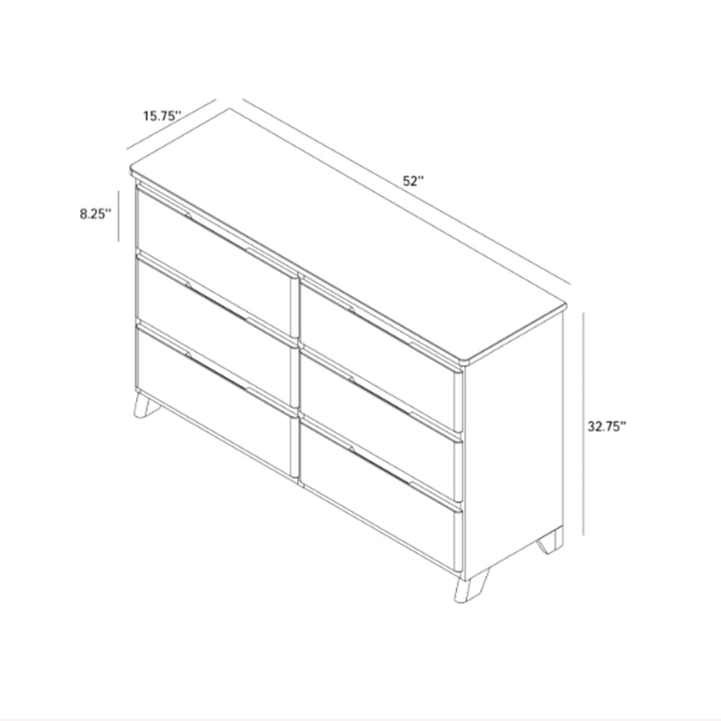 Line drawing of a 52-inch six-drawer dresser with dimensions 52" W × 15.75" D × 32.75" H, six equal drawers and tapered legs — bedroom storage dresser blueprint