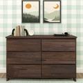 Modern farmhouse wooden dresser with green plaid wallpaper, framed minimalist landscape prints, agate bookends holding books, white alarm clock and record player