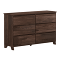 6-drawer walnut-finish wood dresser with handle-less drawers and tapered legs, modern rustic bedroom storage chest