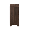 Side view of dark brown wooden chest of drawers with visible wood grain finish on white background