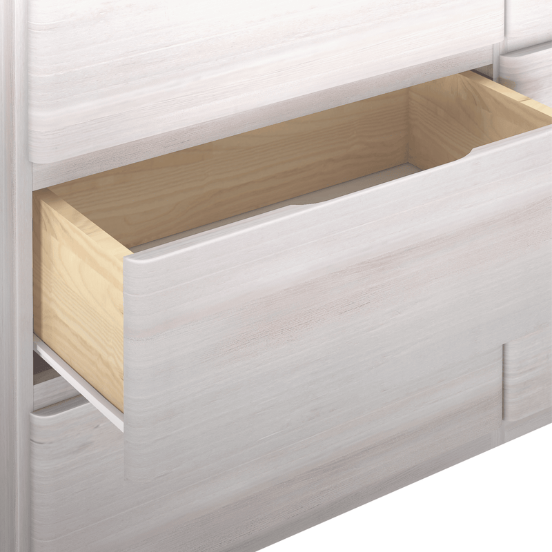 Close-up of an empty open whitewashed wood dresser drawer with natural pine interior, modern bedroom storage solution