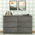 Gray six-drawer wood dresser styled with books and agate bookends, white alarm clock and record player against mint green gingham wallpaper and framed landscape prints, modern farmhouse bedroom dresser