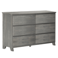 Gray six-drawer wooden dresser with tapered legs and weathered finish, modern farmhouse bedroom storage chest