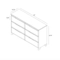 Isometric diagram of a 52-inch wide mid-century modern 6-drawer dresser with tapered legs, 15.75-inch depth, 32.75-inch height and 8.25-inch drawers — bedroom storage dresser
