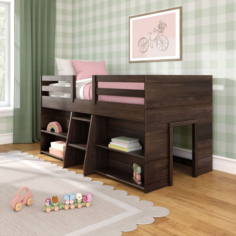 Dark wood children's loft bed with ladder and pink bedding against green gingham wallpaper, framed bicycle art, hardwood floor, scalloped rug and wooden toys on low shelves